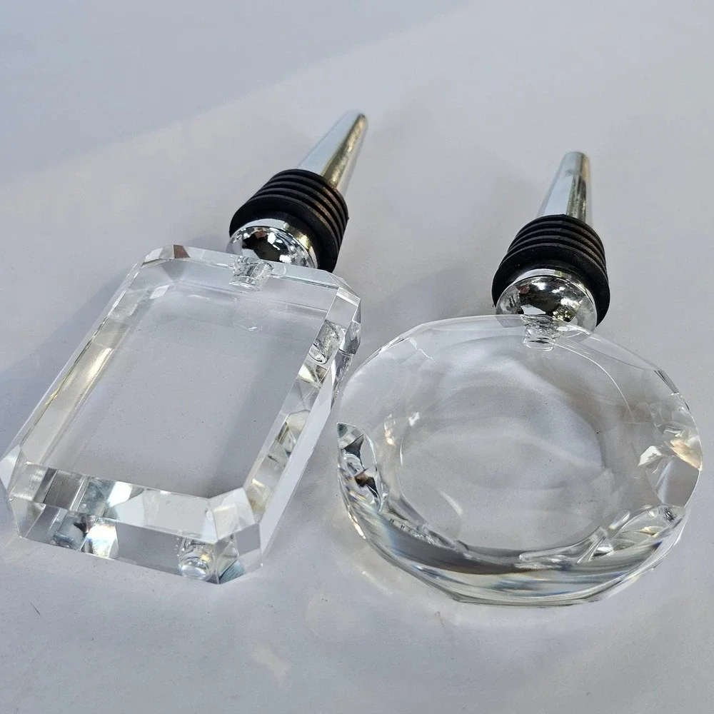 Vintage Glass Wine Bottle Stoppers Set Faceted Emerald‎ Round Cut Barware Decor